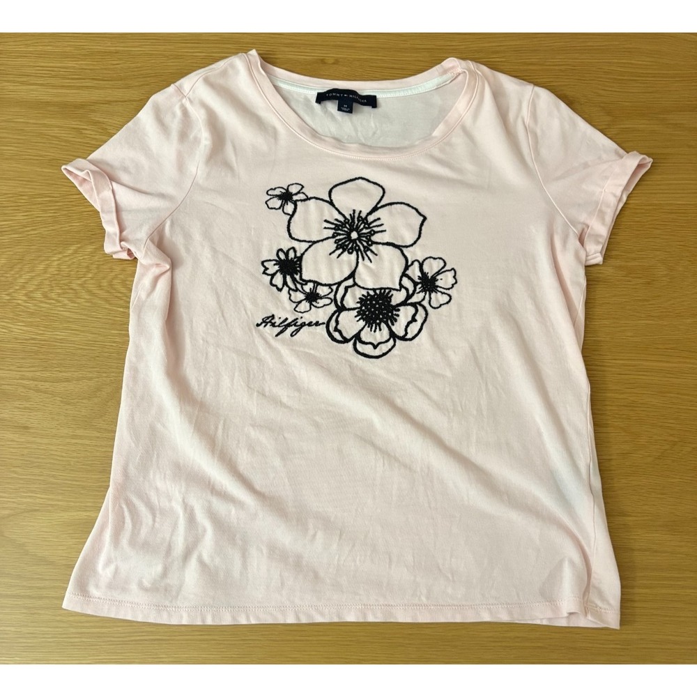 Tommy Hilfiger Women's Pink Embroidered Logo T Shirt Size M Cotton - Picture 1 of 6